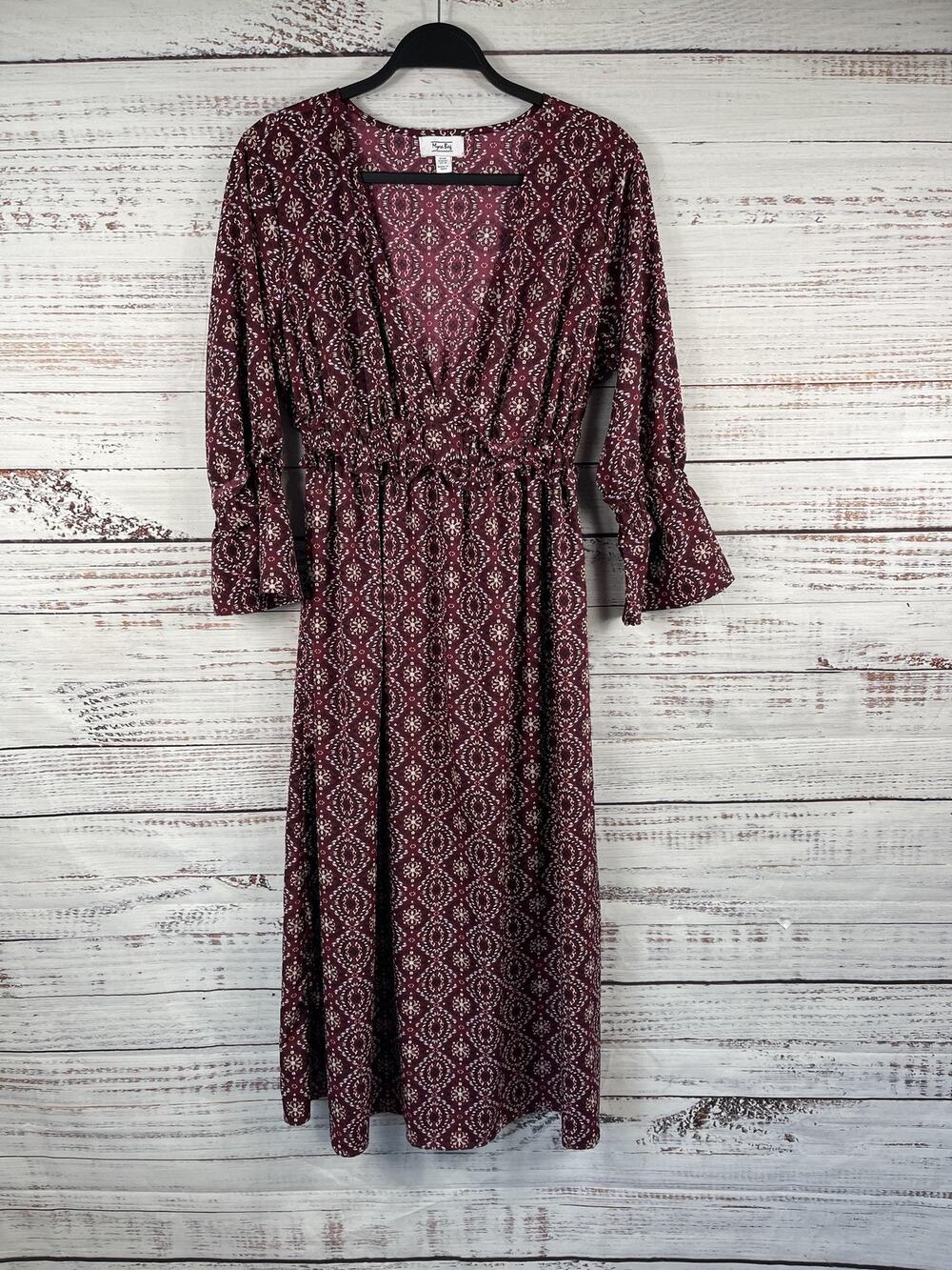 Myra Bag Dress Women's Medium Burgundy Boho Floral Print Maxi V Neck Long Sleeve